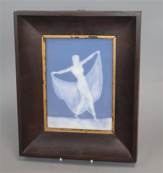 A framed Art Deco Limoges pate-sur pate plaque depicting a dancer, signed A. Barrieze 20 x 14cm excluding frame